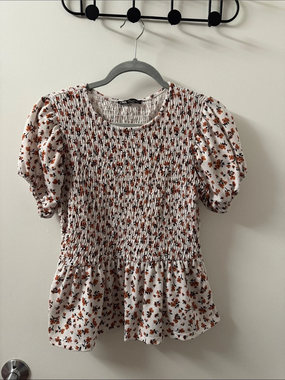ZARA Smocked Floral Peplum Top - White with Brown Floral